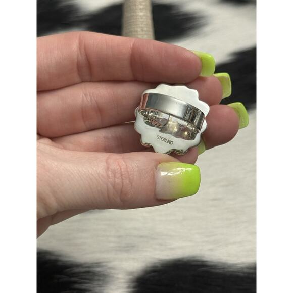 Native American Sterling Silver Red Coral Mother Pearl Cluster Flower Ring Adjst - Picture 8 of 13